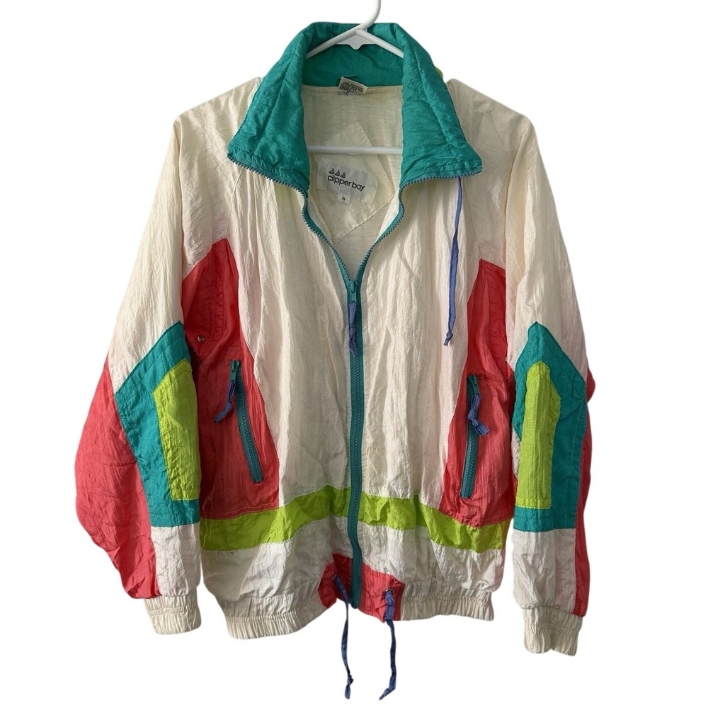 Vintage 1980's Clipper Bay Zip Color Block Windbreaker Shoulder Pads Size Small